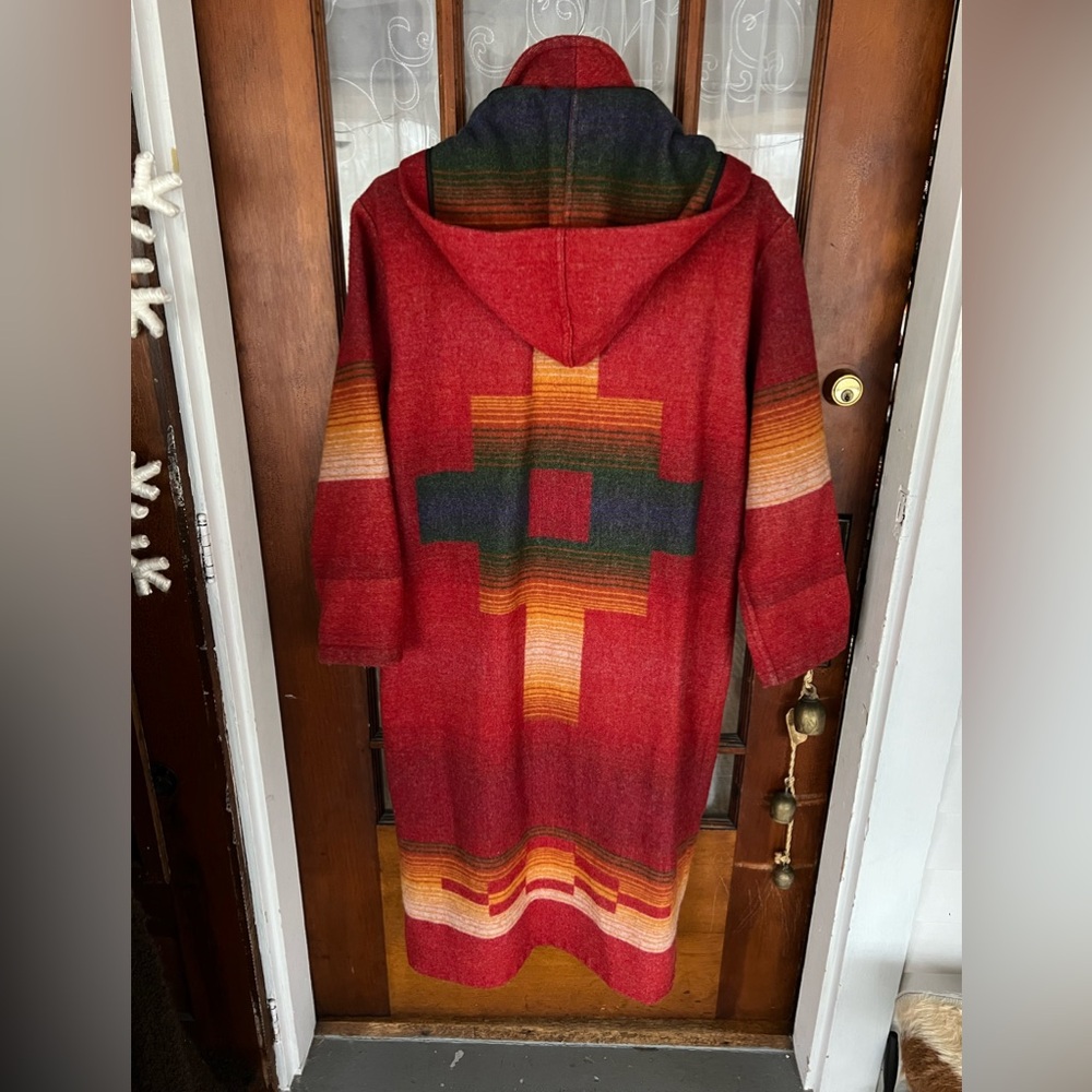 SOLD Vintage Woolrich Southwestern Aztec Wool Long Jacket Trench Coat Size Large - Picture 1 of 11